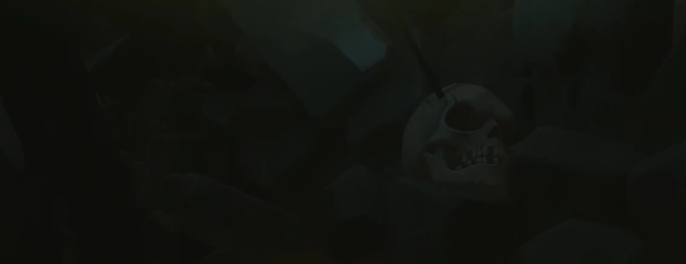 Section 1 background, a skull in a dark cave with a black gradient overlayed.
